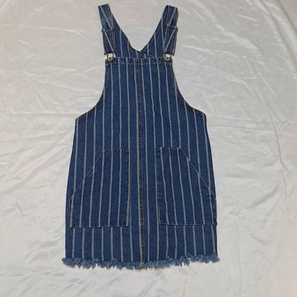 Railroad Striped Denim Overall Jumper Pinafore Mini Dress